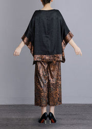 Plus Size Leopard O-Neck Print Patchwork Silk Two Pieces Set Batwing Sleeve