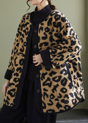 Plus Size Leopard Pockets Fine Cotton Filled Faux Fur Coats Winter