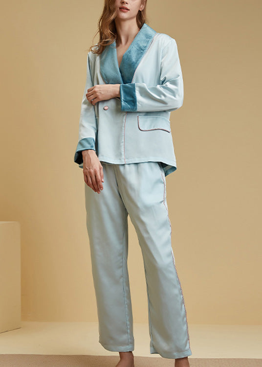 Plus Size Light Blue Peter Pan Collar Button Cozy Velour Pajamas Two Pieces Set Long Sleeve