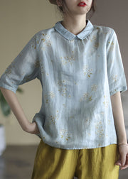 Plus Size Light Blue Peter Pan Collar Print Linen Shirt Tops Half Sleeve