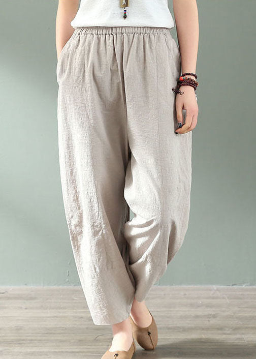 Plus Size Linen Colour Elastic Waist Pockets Linen Crop Pants Summer