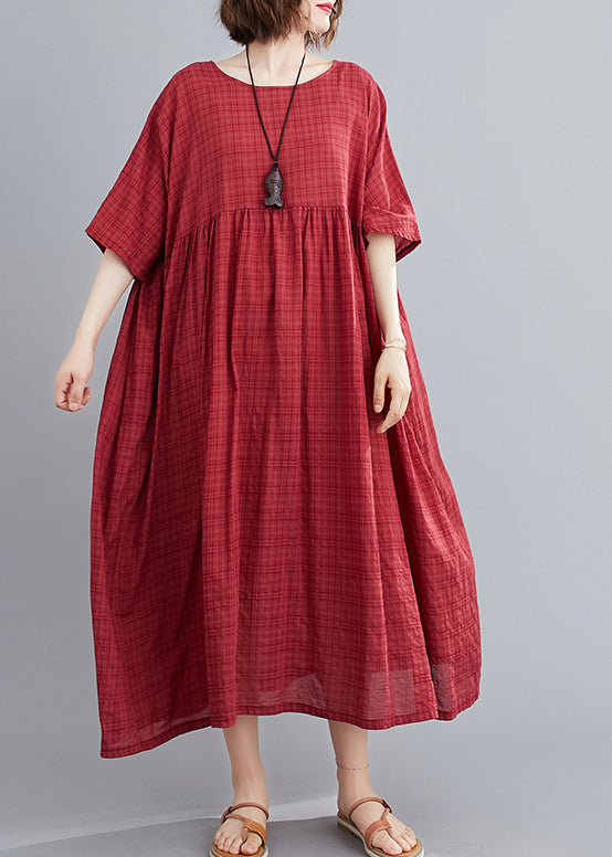 Plus Size Mulberry O-Neck Linen Long Dresses Short Sleeve