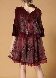 Plus Size Mulberry Sequins Tulle Embroideried Velour Mini Dress Winter