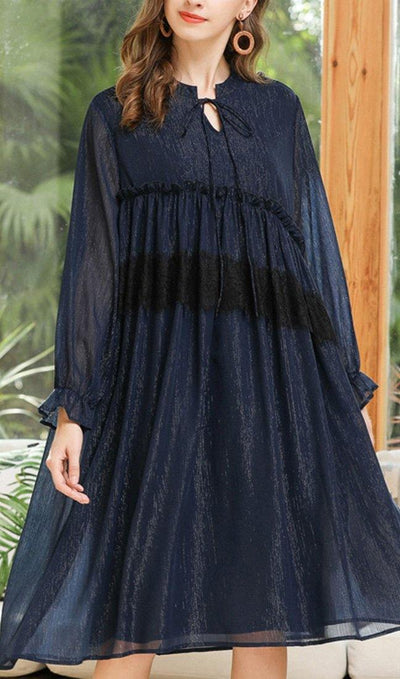 Plus Size Navy Cinched Chiffon O-Neck Summer Maxi Dress - bagstylebliss