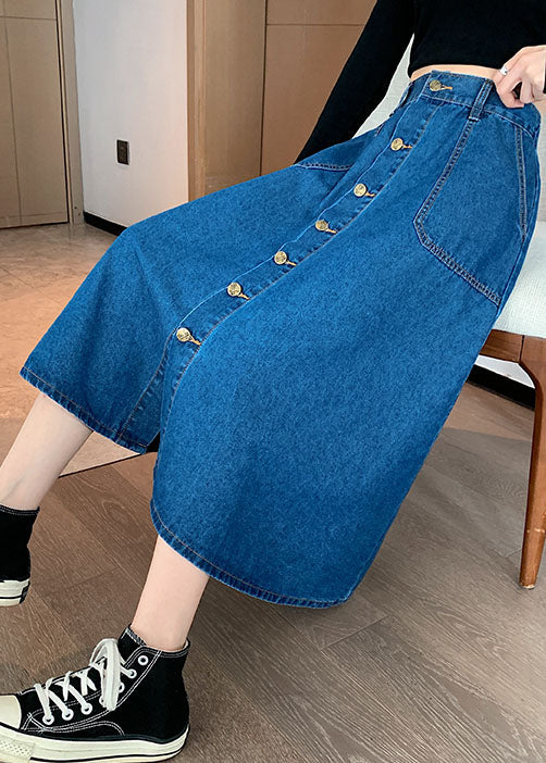 Plus Size Navy Elastic Waist Button Exra Large Hem Cotton Denim Skirt Summer