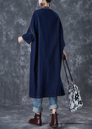 Plus Size Navy Embroidered Chinese Button Denim Trench Fall