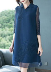 Plus Size Navy Embroideried Peter Pan Collar Dress Summer - bagstylebliss
