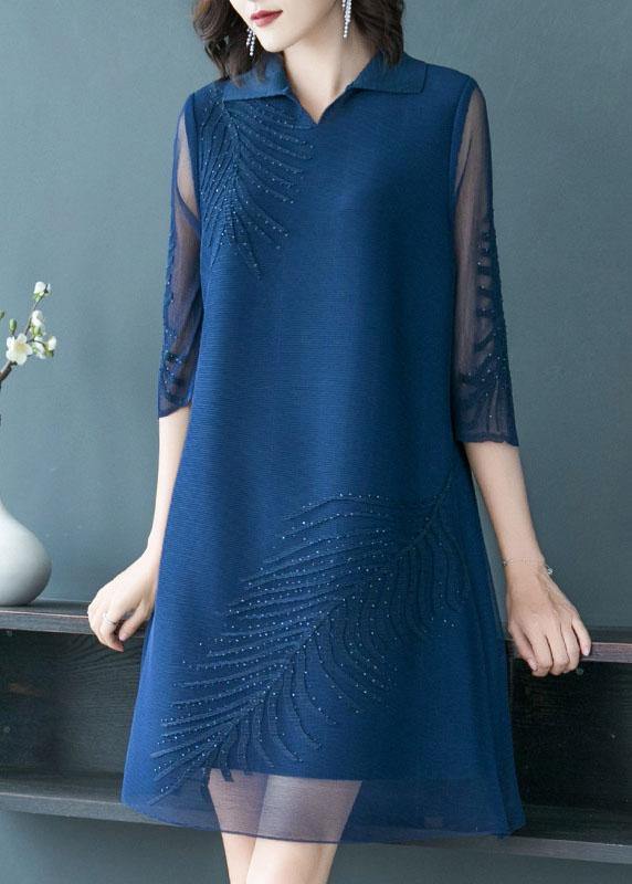 Plus Size Navy Embroideried Peter Pan Collar Dress Summer - bagstylebliss