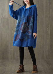 Plus Size Navy Hooded print Patchwork side open Dress Spring