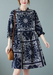 Plus Size Navy O-Neck Patchwork Print Fall Dress Half Sleeve