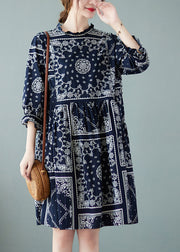 Plus Size Navy O-Neck Patchwork Print Fall Dress Half Sleeve