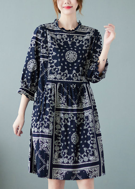 Plus Size Navy O-Neck Patchwork Print Fall Dress Half Sleeve