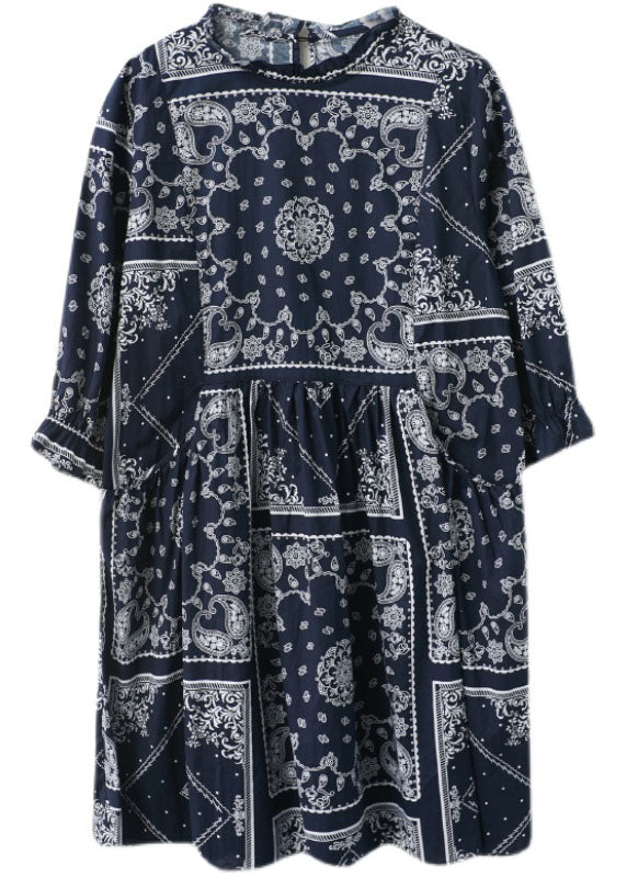 Plus Size Navy O-Neck Patchwork Print Fall Dress Half Sleeve