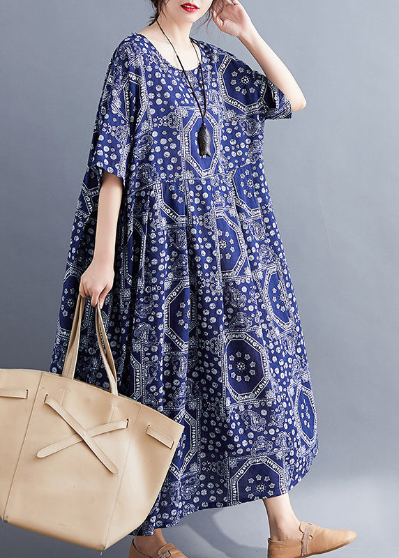 Plus Size Navy O-Neck Print Cotton Long Dress Short Sleeve