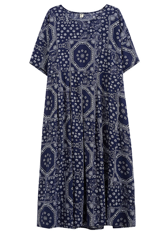 Plus Size Navy O-Neck Print Cotton Long Dress Short Sleeve