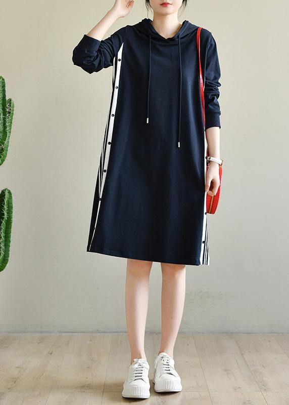 Plus Size Navy Patchwork Cotton hooded Dresses - bagstylebliss