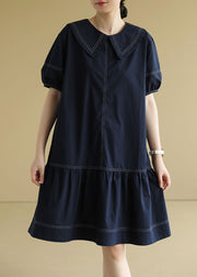 Plus Size Navy Peter Pan Collar Patchwork Cotton Mid Dress Short Sleeve