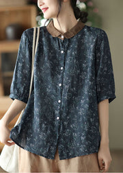 Plus Size Navy Peter Pan Collar Print Linen Shirts Half Sleeve