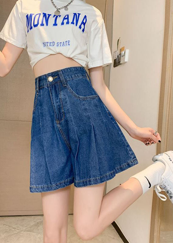 Plus Size Navy Taschen Denim Cotton Loose Plissee Shorts Summer