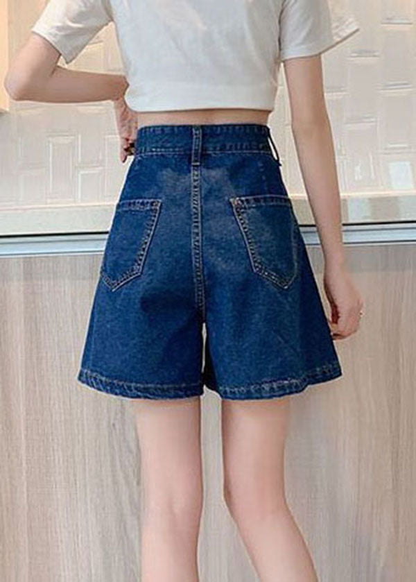 Plus Size Navy Pockets Denim Cotton Loose Pleated Shorts Summer