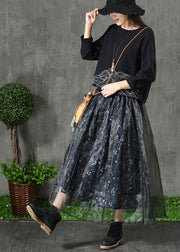 Plus Size Navy Print Patchwork Fall organza Skirt