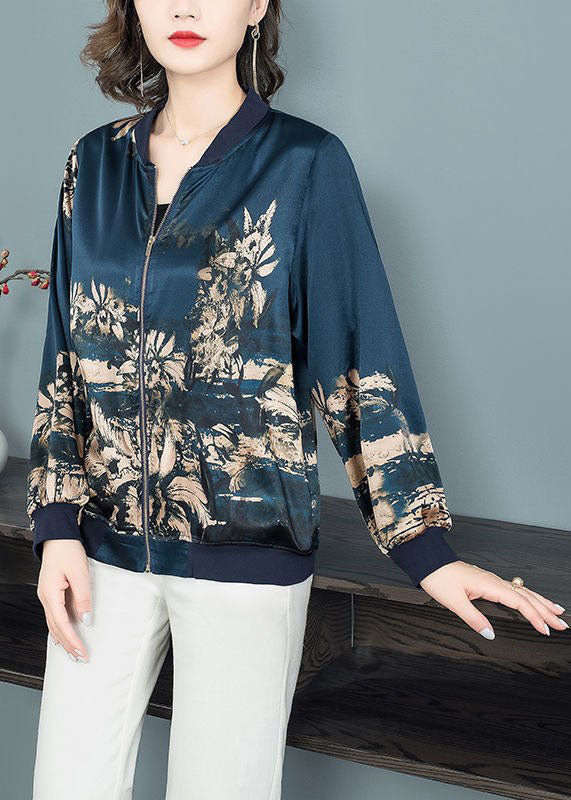 Plus Size Navy Stand Collar Zip Up Print Silk Coat Outwear Fall