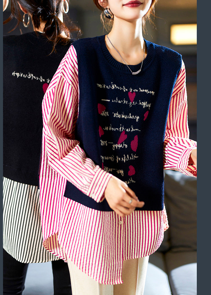 Plus Size Navy Striped Patchwork False Two Pieces Cotton Blouse Long Sleeve