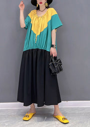 Plus Size O-Neck Patchwork Drawstring Wrinkled Chiffon Dress Short Sleeve