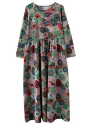 Plus Size O-Neck Print Wrinkled Extra large hem Long Dress Spring