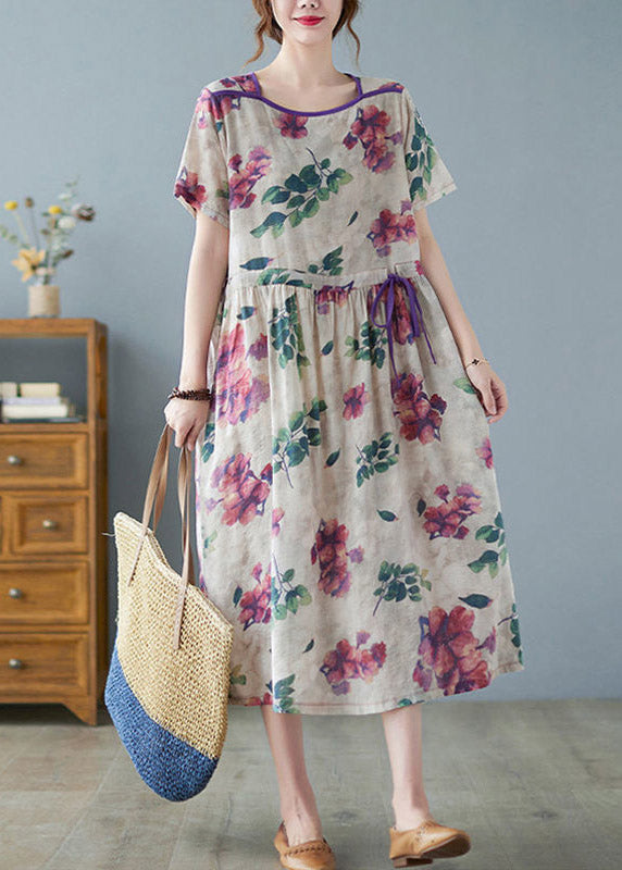 Plus Size O-Neck Print wrinkled Linen Long Dress Short Sleeve