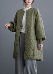 Plus Size Olive Green Button Pockets Cotton Filled Parka Batwing Sleeve