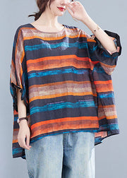 Plus Size Orange Bat Wing Sleeve O-Neck asymmetrisches Design Herbst Striped Top