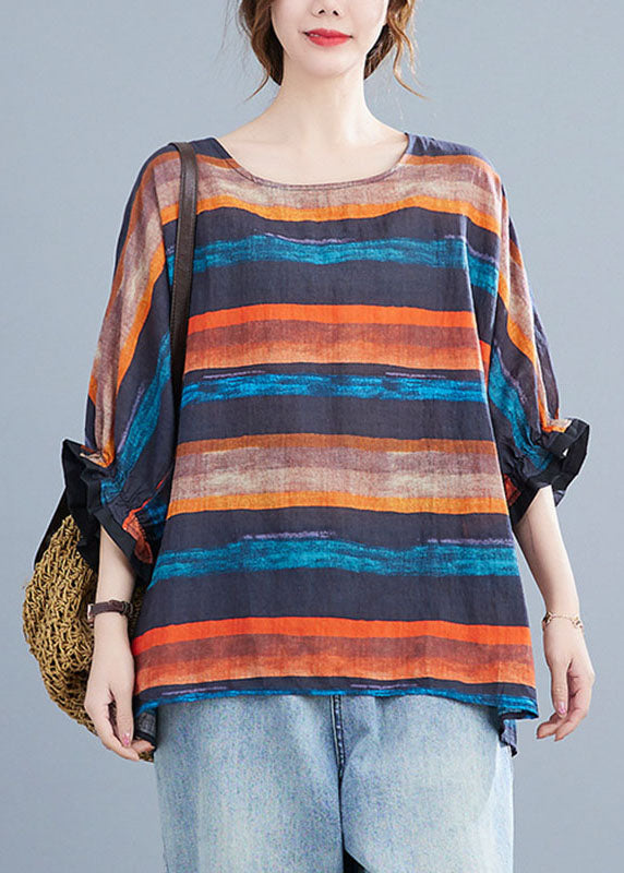 Plus Size Orange Bat Wing Sleeve O-Neck asymmetrisches Design Herbst Striped Top