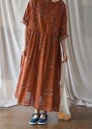 Plus Size Orange Button wrinkled Cotton Long Dress Half Sleeve