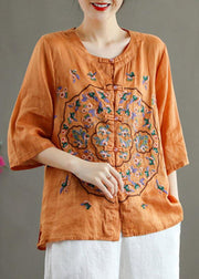 Plus Size Orange Embroideried Oriental Ramie Top Summer - bagstylebliss