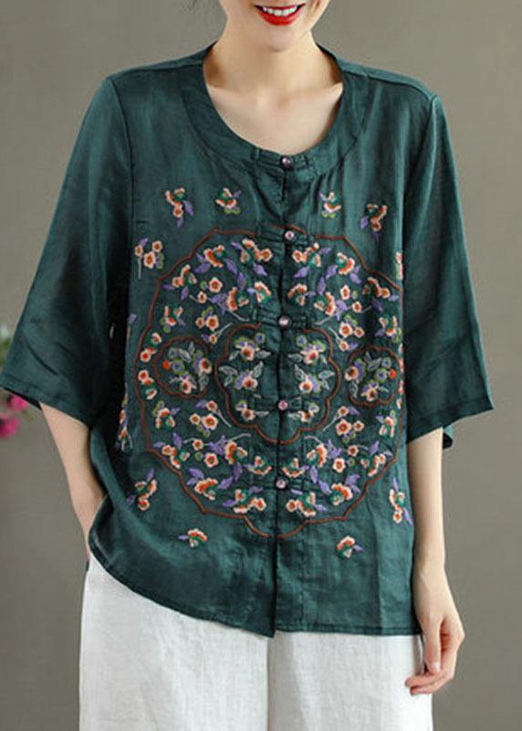 Plus Size Orange Embroideried Oriental Ramie Top Summer - bagstylebliss
