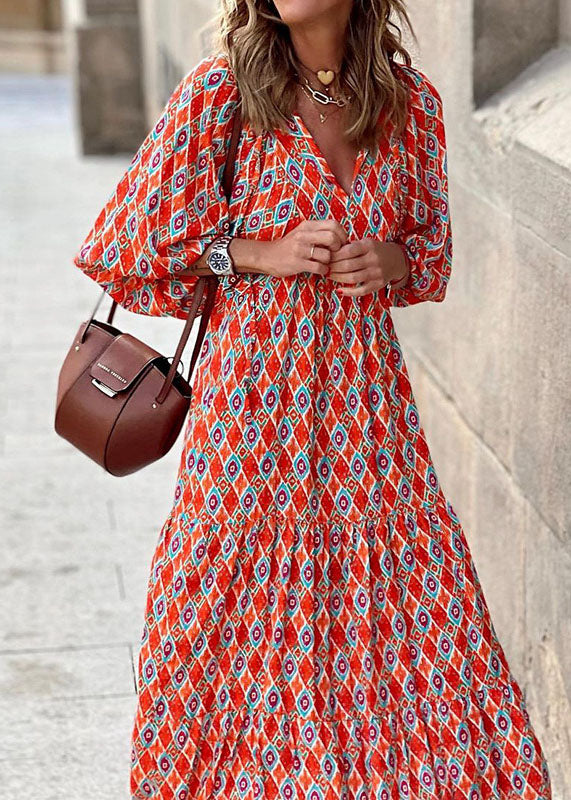 Plus Size Orange Lace Up Patchwork Print Exra Large Hem Long Dresses lantern sleeve