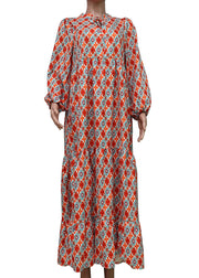 Plus Size Orange Lace Up Patchwork Print Exra Large Hem Long Dresses lantern sleeve