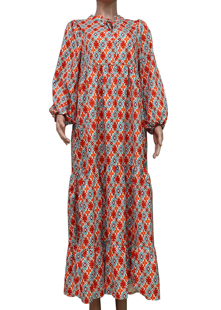 Plus Size Orange Lace Up Patchwork Print Exra Large Hem Long Dresses lantern sleeve