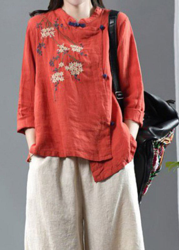 Plus Size Orange O-Neck Asymmetrical Design Button Embroideried Linen Top Long Sleeve