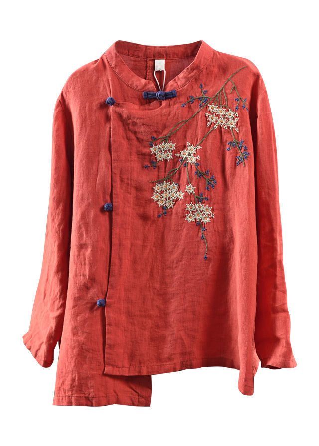 Plus Size Orange O-Neck Asymmetrical Design Button Embroideried Linen Top Long Sleeve