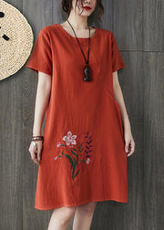 Plus Size Orange O-Neck Embroidered pocket Linen Dresses Short Sleeve