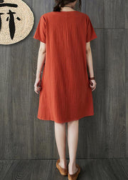 Plus Size Orange O-Neck Embroideried pocket Linen Dresses Short Sleeve