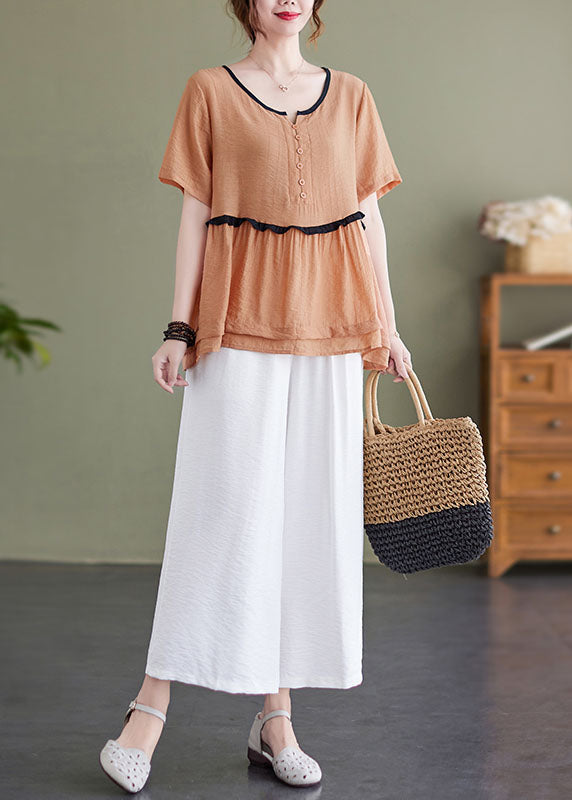 Plus Size Orange O-Neck Patchwork Linen Tops And Wide Leg Pants Two Pieces Set Summer