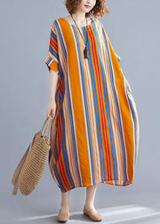 Plus Size Orange O-Neck Striped Summer Cotton Maxi Dresses - bagstylebliss