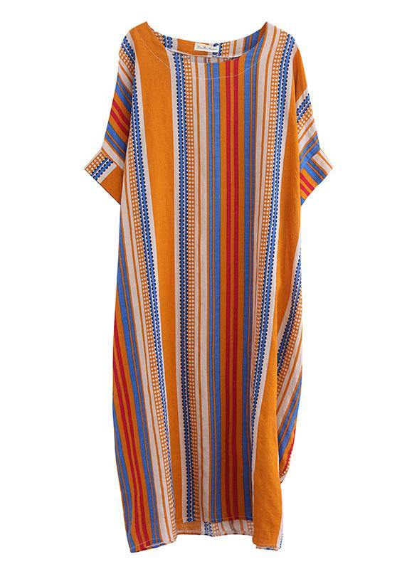 Plus Size Orange O-Neck Striped Summer Cotton Maxi Dresses - bagstylebliss