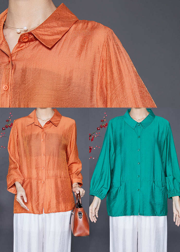 Plus Size Orange Oversized Patchwork Linen Silk Shirt Top Fall