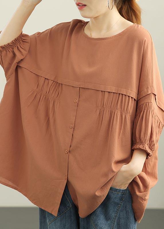 Plus Size Orange Patchwork Batwing Sleeve Cotton Shirt Tops Summer - bagstylebliss