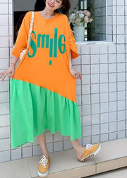 Plus Size Orange Patchwork Green Loose Graphic Summer Half Sleeve Long Dress - bagstylebliss