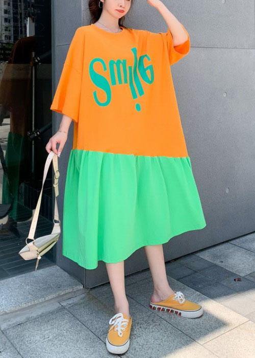 Plus Size Orange Patchwork Green Loose Graphic Summer Half Sleeve Long Dress - bagstylebliss